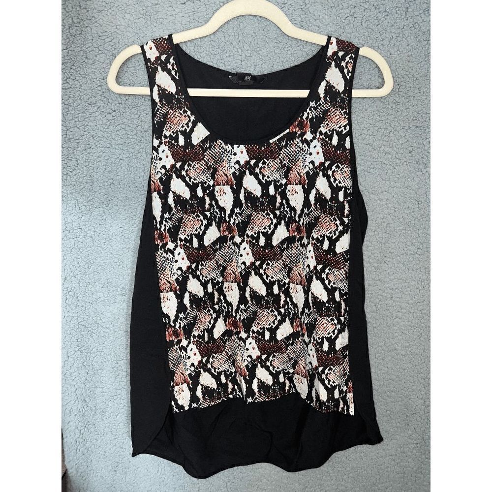 H&M womens black and geometric shirt top, size US 12, EUR 42, high/low style